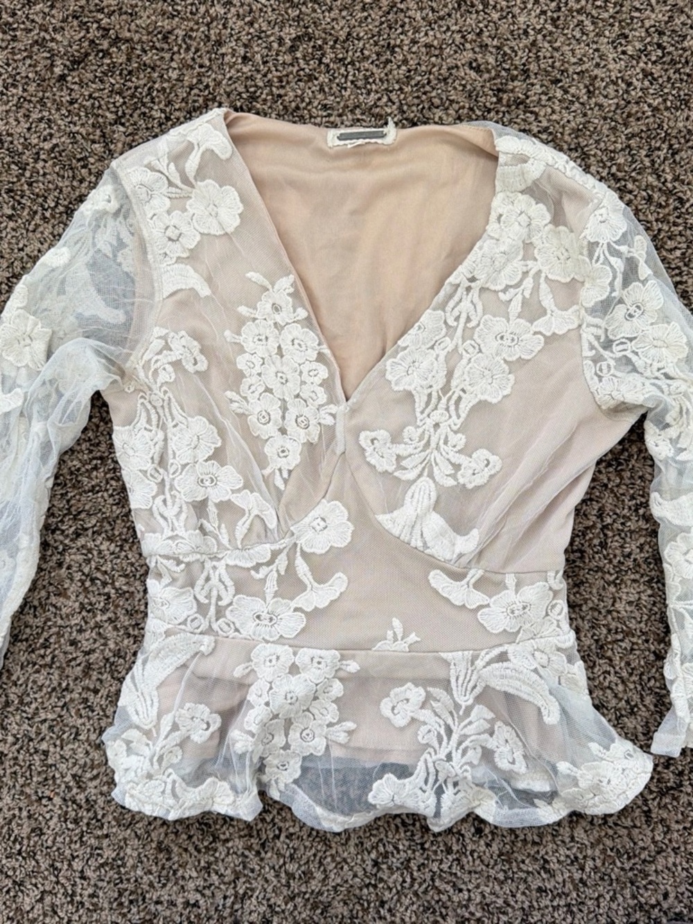Sheer Lace Peplum Blouse in Nude and White